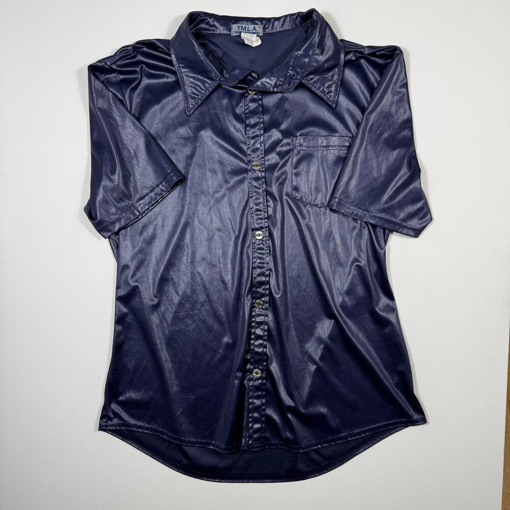 Vintage Y.M.L.A Studio Men's Navy Blue Metallic Shimmer Clubwear Shirt Size XL